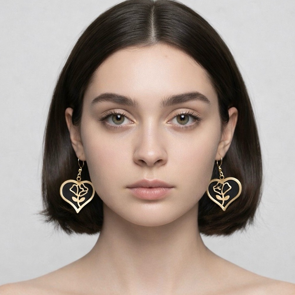 Gold and Black Heart Rose Earrings
